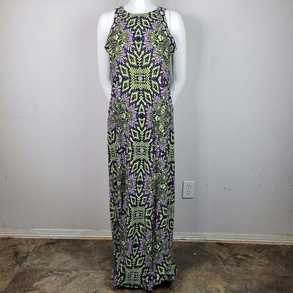 London Times Aztec Print Sleeveless‎ Split Leg Maxi Dress